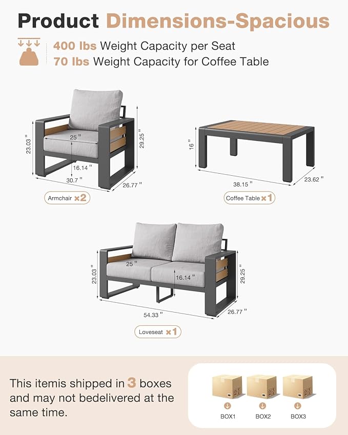 Aoxun Aluminum Patio Furniture Set, 4 Piece Luxury Outdoor Sectional with 6" Olefin Fabric Cushions, Patio Conversation Sets with Coffee Table and Waterproof Cover for Backyard, Porch Light Grey