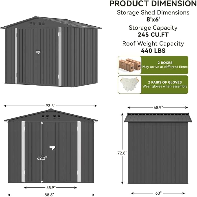 COMHOMA Shed Outdoor Storage Shed Metal,Lockable Doors Tool Sheds with Sloping Roof,Steel Garden Shed with Air Vent for Backyard,Patio,Lawn,Poolside(Grey,8'x6') - Image 4