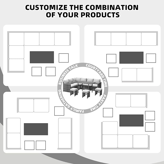 AECOJOY Outdoor Patio Furniture Set, 7 Pieces Clearance Sectional Rattan Dining Table&Chairs, All Weather Wicker Conversation Sofa Couch with Ottoman, Light Grey Cushions&Grey Rattan