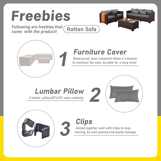 Outdoor Patio Furniture Set 4 Pieces Wicker Outdoor Furniture Chairs and Sofa Patio Storage Table Non-Slip Cushions and Waterproof Covers, Dark Grey