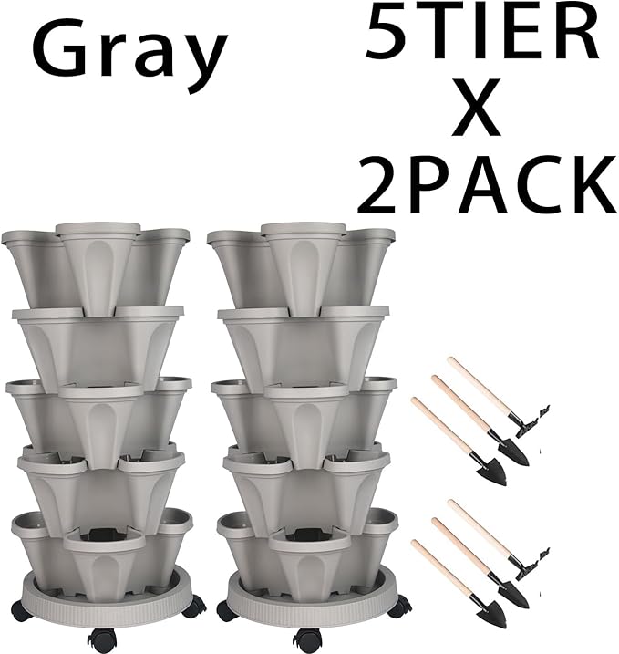 GameXcel Vertical Planter Tower - 5 Tier Stackable Garden Planters with Wheels and Tools Plant Pots for Strawberry Herb Flower and Vegetable Indoor Outdoor Use Gray 2 Pack