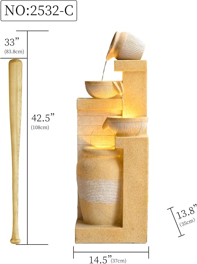 42.52" Outdoor Garden Water Fountain with Lights 4 Tiers Cascading Large Waterfall Floor Standing Fountain for Patio, Backyard, Deck, Porch and Home Art Decor