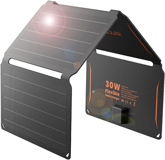 FlexSolar 30W Portable Solar Panel Chargers QC3.0 18W USB-A USB-C Output Foldable Small Power Emergency ETFE Panels IP67 Waterproof Camping Backpacking Hiking for Cell Phone Power Banks Flashlight by FlexSolar