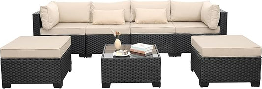 7 Pieces Outdoor PE Wicker Furniture Set Patio Rattan Sectional Conversation Sofa Set with Khaki Cushions and Glass Top Table
