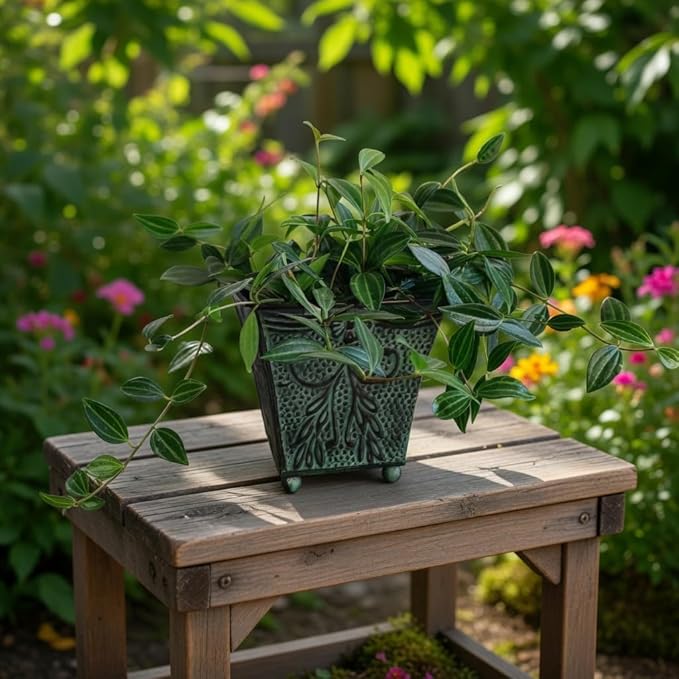 Hosley Set of 4 Green Patina Embossed Metal Planters with Ornate Floral Design, 5.25" L x 5.25" W x 5" H ?€? Ideal for Floral Arrangements, Home D??cor, Garden Accents, Rustic Weddings.