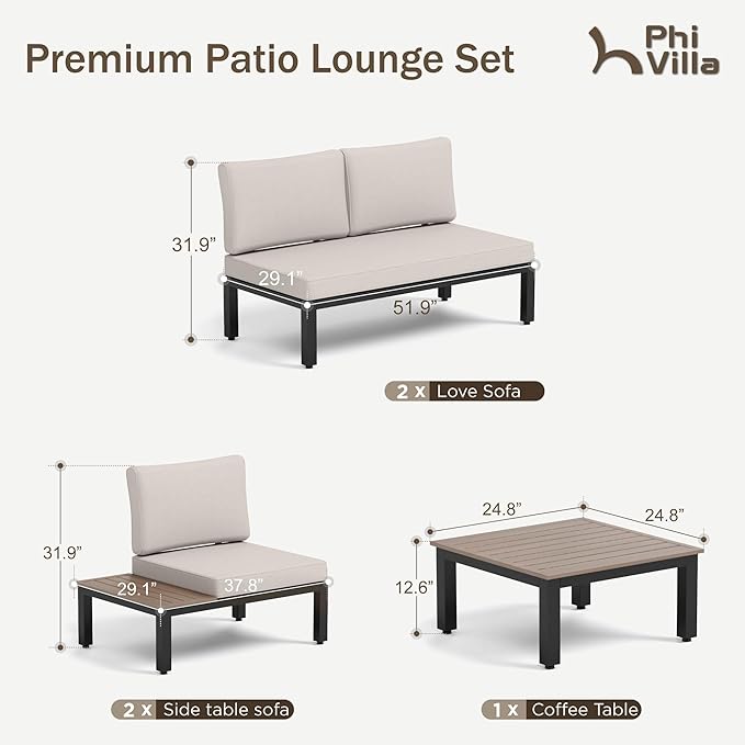 PHI VILLA 5 Pieces Outdoor Patio Furniture Set,Metal Frame Modern Outdoor Sectional Sofa Set,6 Seats Patio Conversation Sets with Coffee Table&Thickened Cushion,for Poolside and Backyard,Light Grey