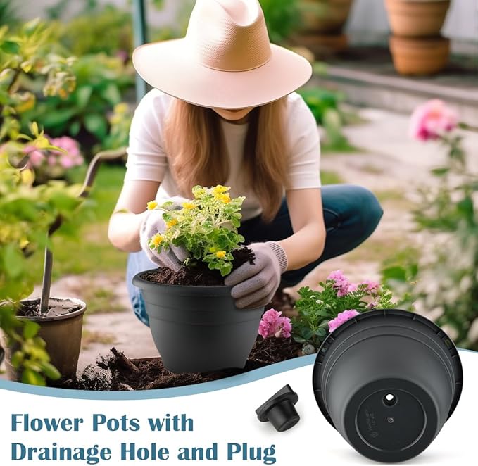 3 Pack 11 Inch Plant Pots with Drainage Hole and Plug,Plastic Flower Pots for Indoor & Outdoor Plants,Lightweight Plant Pots Perfect for Herbs,Flowers & Succulents(Gray)