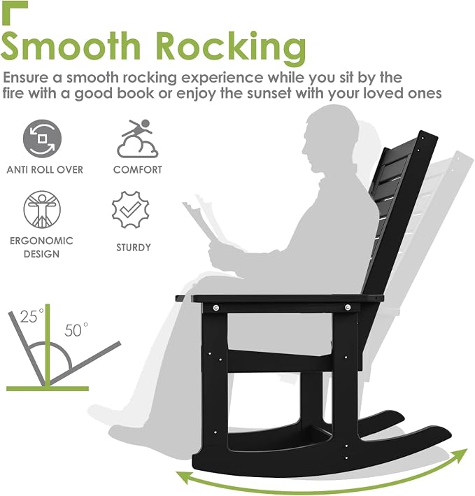 GREENVINES Outdoor Rocking Chairs | Set of 4 | Porch Rocker | HDPE Plastic | Black | Oversized Rockers | High Back | Big & Tall | Ladder Back | for Patio Outside Backyard Balcony Garden - Image 4