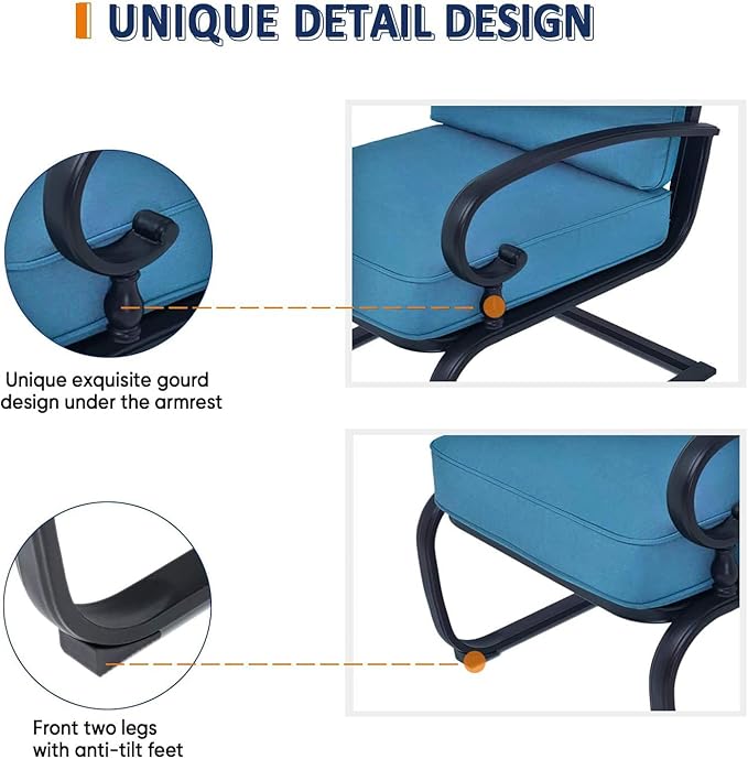 SOLAURA 5-Piece Patio Furniture Conversation Sets with Wrought Iron Loveseat and Spring Chairs（Peacock Blue）
