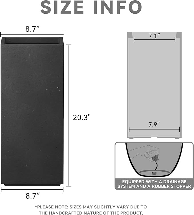 Kante 20.3" H Tall Rectangular Concrete Planter, Modern Square Diameter Plant Pot with Drainage Hole and Rubber Plug for Indoor Outdoor Home Patio Garden, Black