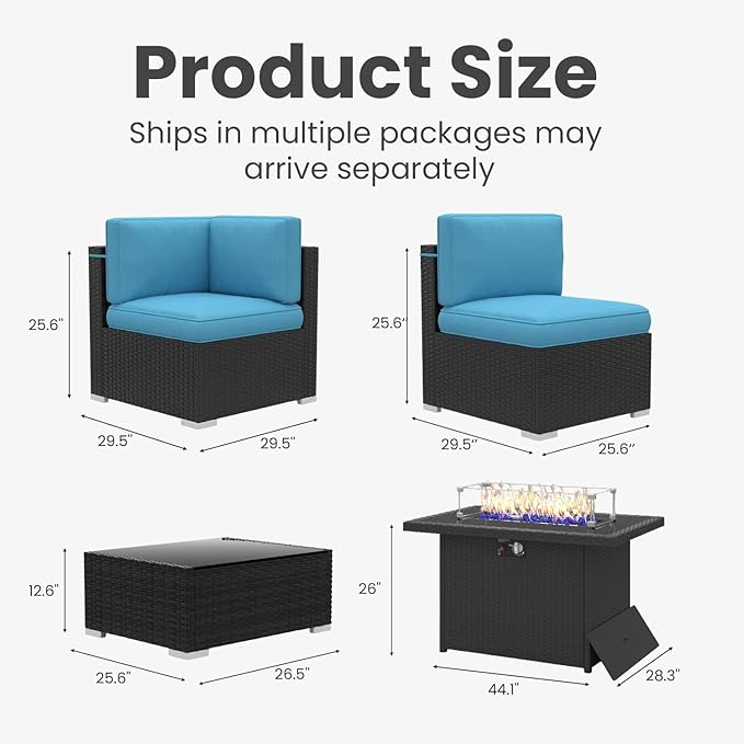 8 Pieces Patio Furniture Set with 44" Propane Gas Fire Pit Table, Outdoor Sectional Wicker Conversation Sofa Sets with Coffee Table