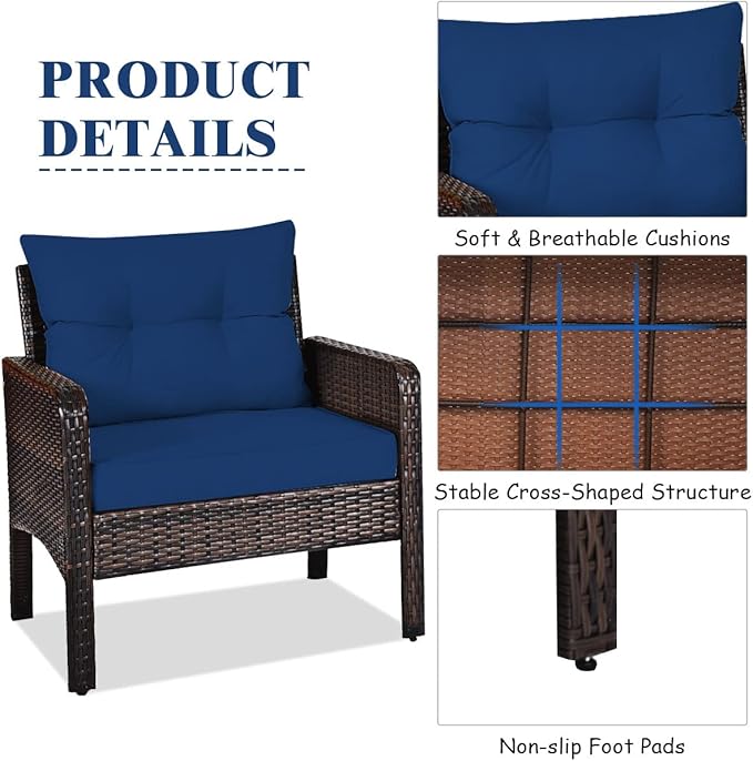 Tangkula 3 Piece Outdoor Patio Furniture Set, Wicker Chairs Set with Glass Top Coffee Table, Thick Cushions, All Weather Garden Lawn Poolside Backyard Porch Furniture Set for 2 (Blue)