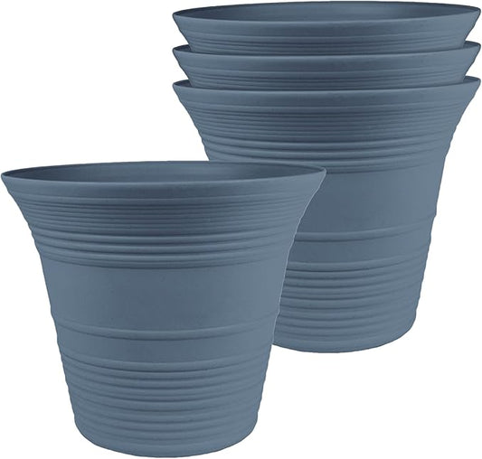 The HC Companies 9 Inch Sedona Round Self Watering Planter Pots, Lightweight UV-Resistant Plastic Indoor & Outdoor Planters, 4-Pack Flower Pots for Garden & Home Decor, Slate Blue
