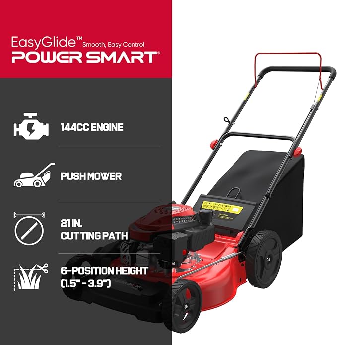 PowerSmart EasyGlide 21-Inch Gas Lawn Mower, 144cc 4-Stroke OHV Engine, Push Walk-Behind, 3-in-1 Mulch/Bag/Side Discharge, Steel Deck, 6 Height Adjustment - Image 2