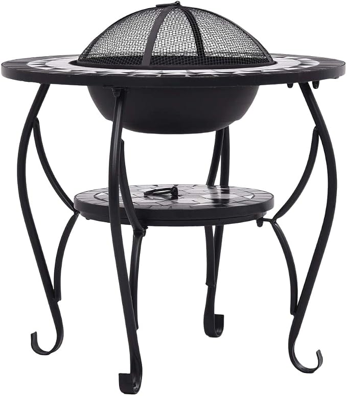 Mosaic Fire Pit Table, Outdoor Patio Wood Burning Fireplace, 26.8" Black and White Ceramic Grill Stand for Backyard - Image 6