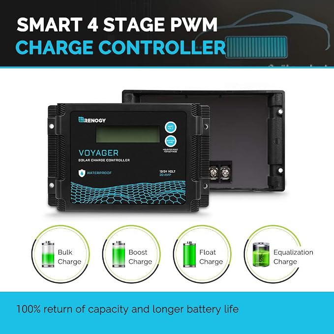 Renogy Voyager 20A 12V/24V PWM Waterproof Solar Charge Controller w/ LCD Display for AGM, Gel, Flooded and Lithium Battery, Used in RVs, Trailers, Boats, Yachts, Voyager 20A - Image 3