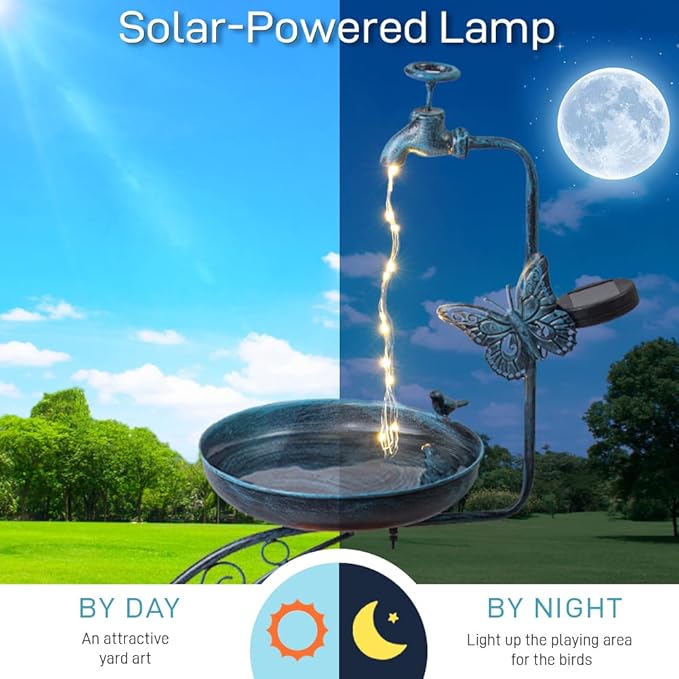 VEWOGARDEN Blue Bird Baths for Outdoors Metal Garden Bird Bath with Solar Lamp Vintage S Birdbaths with Flower Planter Pedestal Standing Bird Feeder(36" H * 19.6" W)