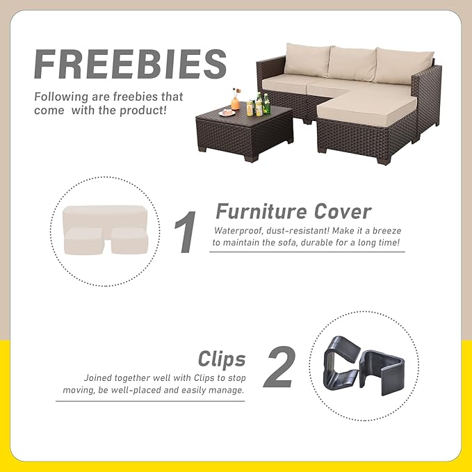 Patio Furniture Set 3 Piece Outdoor Sectional Sofa Set with Wicker Couch, Ottoman, Patio Table with Storage All-Weather Non-Slip Cushions and Waterproof Covers, Khaki