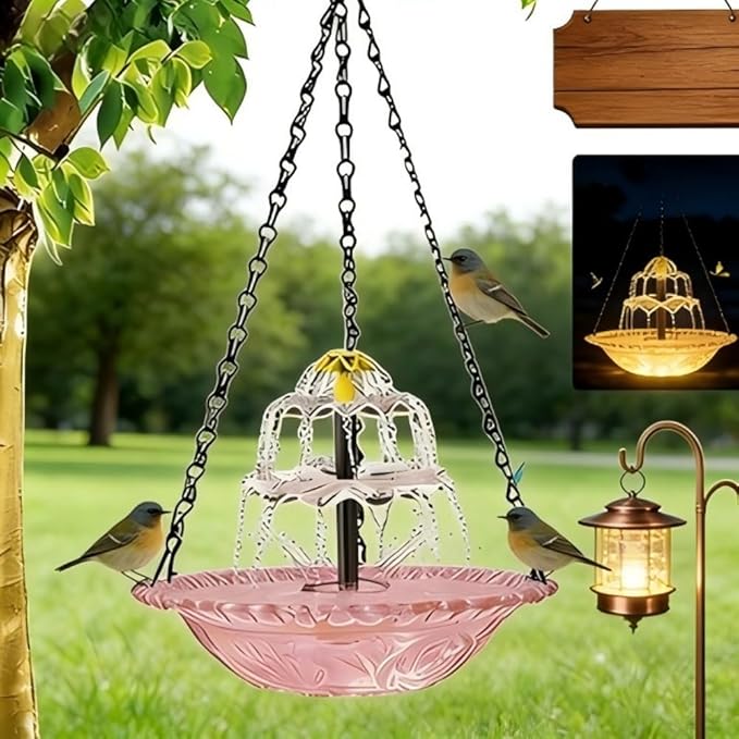 Hanging Solar Bird Bath Fountain 3 Layers,Solar Cascade Hanging Bird Bath Fountain,Hummingbird Water Fountain Solar with Solar Water Pump,Suitable for Gardens,Backyards,Patios,and Lawns. (Pink)