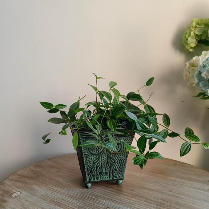 Hosley Set of 4 Green Patina Embossed Metal Planters with Ornate Floral Design, 5.25" L x 5.25" W x 5" H ?€? Ideal for Floral Arrangements, Home D??cor, Garden Accents, Rustic Weddings.