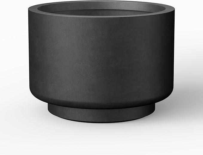 Kante 12.6 Inch Dia Concrete Planter, Round Pedestal Design Garden Pot for Indoor Outdoor Plants, Modern Flower Pot with Drainage Hole and Rubber Plug, Black