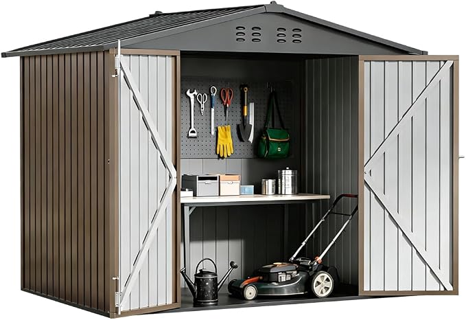 COMHOMA Shed Storage Outdoor Metal Windowed Lockable Weatherproof Ventilated Backyard Garden Utility Workshop(Brown,8'*6') - Image 8