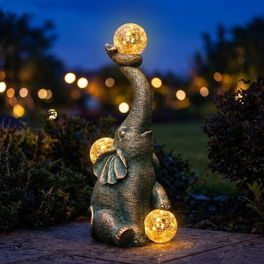 Solar Elephant Statue Outdoor Decor with 15 LED Crackle Ball, Garden Patio Sculpture Light, Waterproof Lucky Elephant Gift for Mom, Housewarming, Birthday, Yard & Porch Decoration