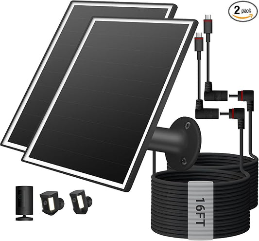 2 Pack Solar Panel for Ring Camera, 6W Solar Charger with USB-C & Barrel Plug for Ring Stick Up Cam Plus/Pro & Spotlight Cam Battery Series, Waterproof, 16ft Cable (Black) by Unknown