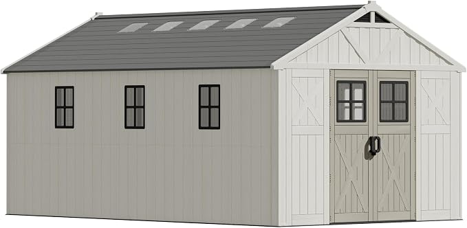 Devoko 10x16 FT Resin Storage Sheds with Floor, Large Plastic Outdoor Garden Shed with Windows & Lockable Doors, Outside Utility Storage Tool Shed for Patio Backyard Lawn, Beige - Image 6