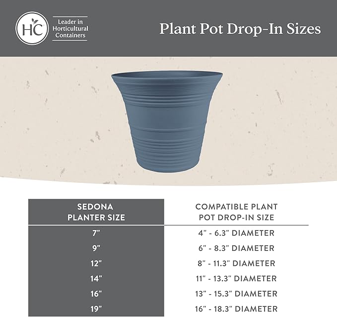 The HC Companies 14 Inch Sedona Round Self Watering Planter Pots, Lightweight UV-Resistant Plastic Indoor & Outdoor Planters, 2-Pack Flower Pots for Garden & Home Decor, Slate Blue