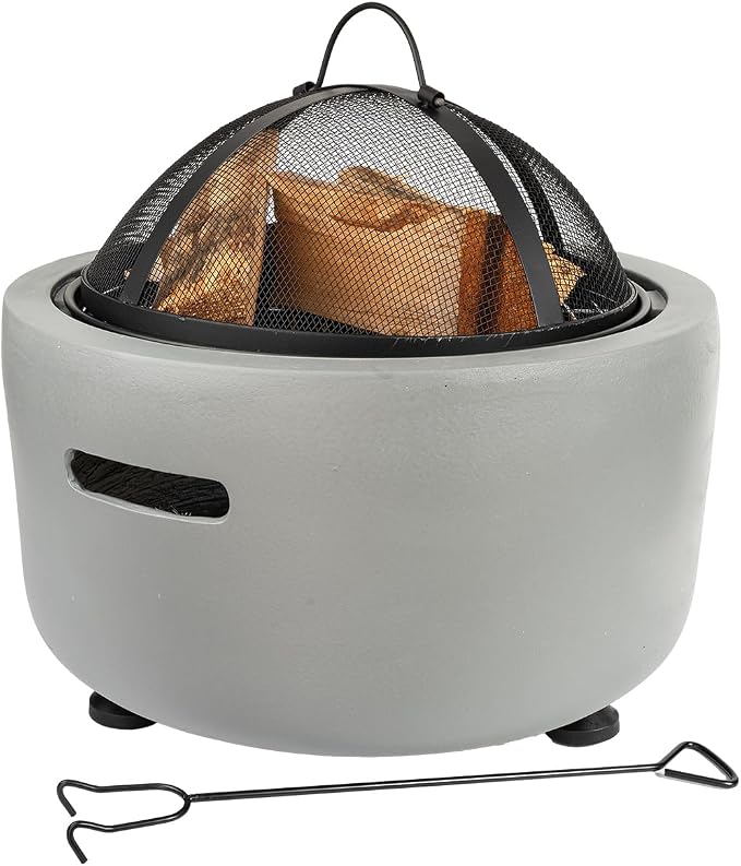 Barton 18" Round Concrete Charcoal Wood Burning Fire Pit, Magnesium Oxide Spark Screen, Fireplace Poker, Grate, BBQ Grill Firepit Charcoal Grill by Barton