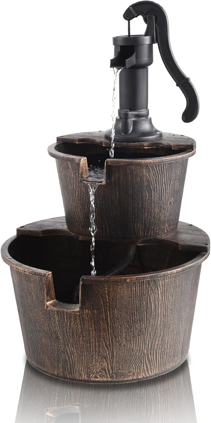 YI 27-Inch 2 Tier Water Fountains Outdoor Waterfall Barrel Fountain Pump Garden 2-Tier Barrel and Pump Waterfall Fountain, Plastic for Garden Patio Backyard Porc