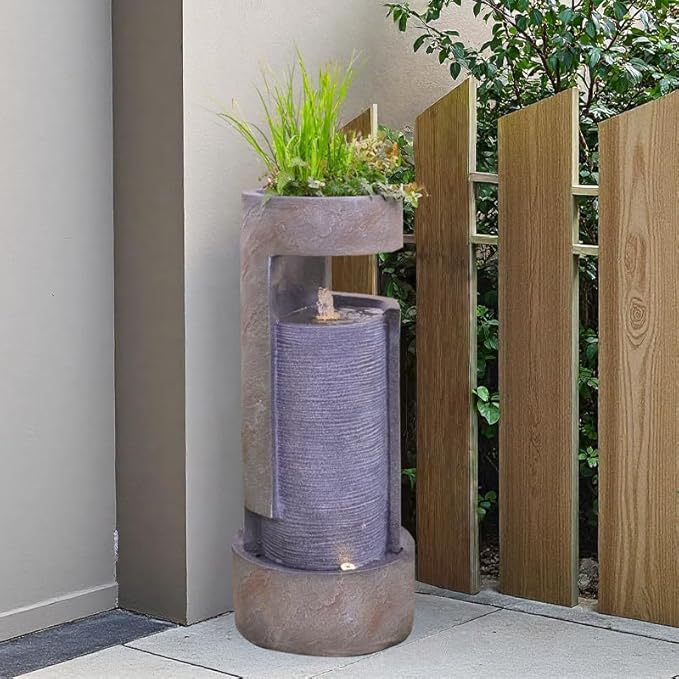 35.9" Tall Modern Indoor/Outdoor Water Fountain with LED Lights and Pump, Freestanding Cascading Waterfall Feature for Garden, Patio, Porch, Yard & Deck Décor – Gray
