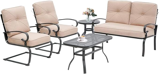 SOLAURA 5-Piece Patio Furniture Conversation Sets with Wrought Iron Loveseat and Spring Chairs(Brown)