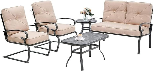 SOLAURA 5-Piece Patio Furniture Conversation Sets with Wrought Iron Loveseat and Spring Chairs(Brown)