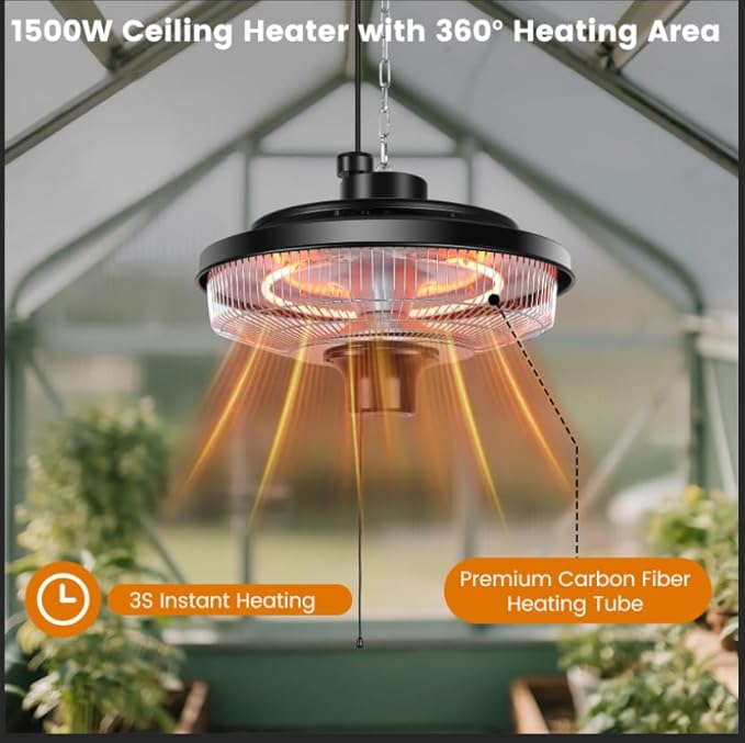 Hanging Patio Heater, 1500W Electric Infrared Heaters for Home, Gazebo, Garage, Greenhouse, Ceiling Mount with Overheat Protection, IPX4 Water Resistance, Adjustable Height (Silver)