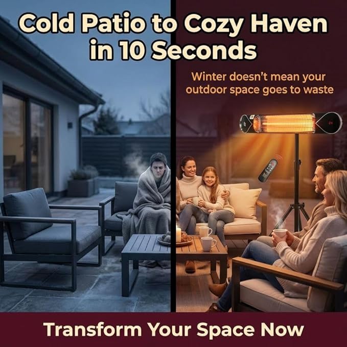 Wave 1500W Carbon Infrared Heater - Wall-Mounted & Freestanding with Remote - Quiet & Weatherproof for Indoor/Outdoor Use - Experience Next-Level, Efficient Heating