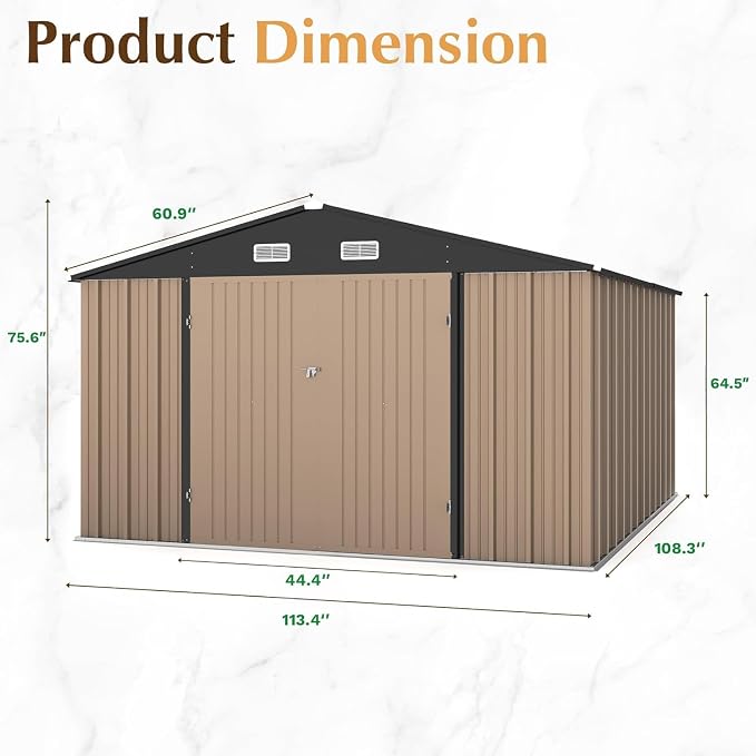 GUNJI 10 x 10 FT Shed Outdoor Storage Shed Metal Garden Shed with Lockable Door Outside Waterproof Tool Shed for Backyard, Patio, Lawn (Brown) - Image 3