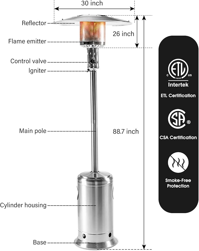 LEGACY HEATING 88inch Standing Heaters Outdoor with Wheels, Stainless Steel Burner, Gas Propane Patio Heater for Outdoor Garden Use, 47000BTU