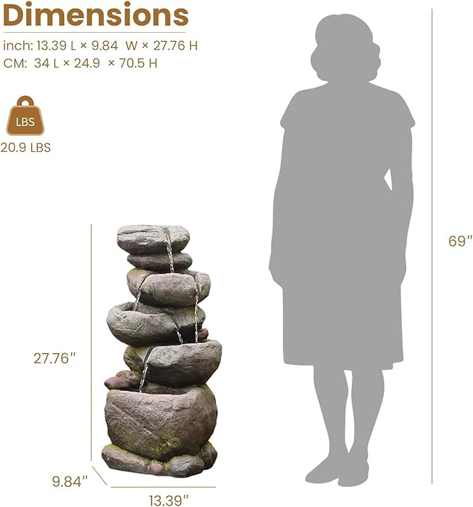 27.8" H Outdoor Water Fountain with LED Lights, 5-Tier Cascading Stone Waterfall Fountain, Natural Rock Resin Outdoor Water Fountain for Garden Patio Backyard Porch Indoor Decor