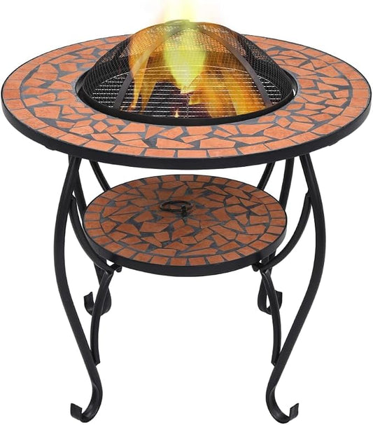 Mosaic Fire Pit Table, Outdoor Patio Wood Burning Fireplace, 26.8" Terracotta Ceramic Grill with Safety Mesh, Portable Backyard Smokeless Stove by Unknown