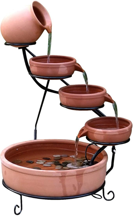 ASC Cascade Ceramic Solar Water Fountain Bowls 5 Tierd with Panel Pump Cascading Garden Decoration Bird Iron Frame (Terracotta with Battery and Led)