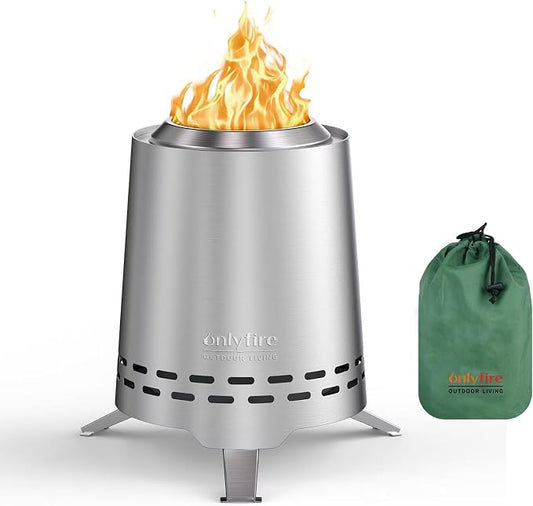 2 in 1 Portable Fire Pit with Pot Bracket & Carry Bag, 9” Tabletop Fireplace, Wood Burning Camping Stove for Patio Backyard RV Tailgating, Stainless Steel, Silver FP045 by ONLYFIREOUTDOORLIVING