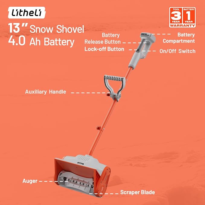 Litheli 20V Cordless Snow Shovel, 13-Inch Battery-Powered Snow Blower with 4.0Ah Battery, Easy to Use Snow Removal for Driveways, Sidewalks, Decks & Patios - Image 7