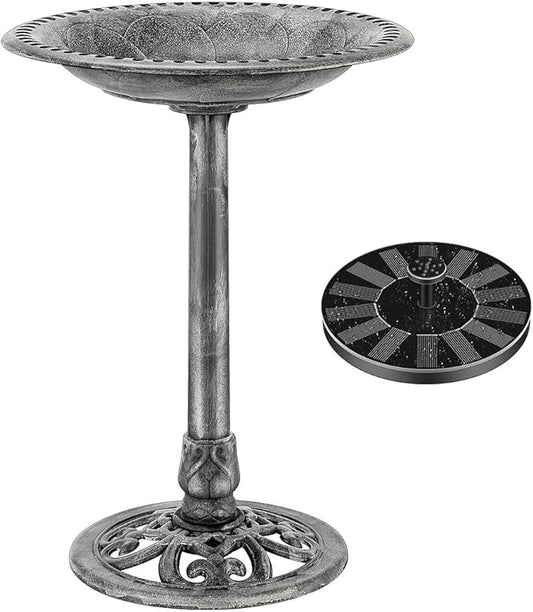 VIVOHOME Bird Bath with Solar Fountain for Outside, Polyresin Pedestal Bird Baths with Solar Powered Pump for Outdoor, Garden, Weather-Resistant Birdbaths with 20" Bowl, Gray