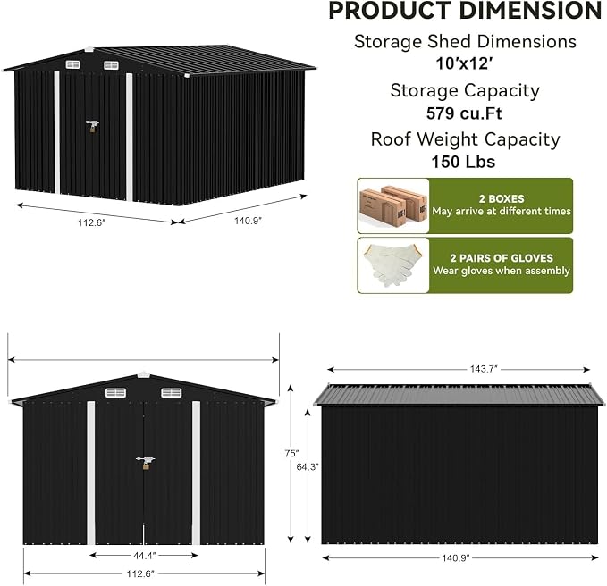 COMHOMA Shed Outdoor Storage Shed Metal,Lockable Doors Tool Sheds with Sloping Roof,Steel Garden Shed with Air Vent for Backyard,Patio,Lawn,Poolside(Grey,10'x12') - Image 3