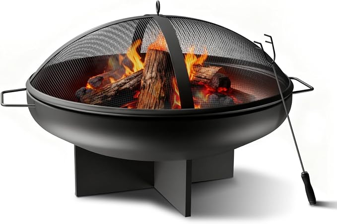 24 Inch Fire Pit for Outside Outdoor Wood Burning Firepit Bowl Heavy Duty Steel Bonfire Pit for Patio Backyard Camping Deck with Spark Screen, Log Grate & Poker by HEAHOLD
