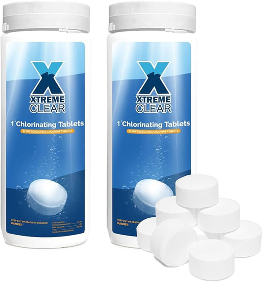 XtremeClear Value Pack 2 Pack 1" Chlorine Tabs, Long-Lasting Stabilized, Swimming Pool, Hot Tubs & Spa, Small Pool Sanitizer - Slow Dissolving Tablet, 3Lbs (1.5Lbs Each Bottle) by XtremepowerUS