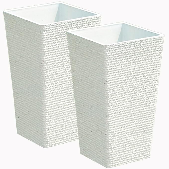 2 Sets Large Tall Planter for Outdoor or Indoor,Resin,Stone Finish,21" H*12" W, Flower Pots Tapered Planters Box for Porch, Patio,Garden,Front Door Decor(White)