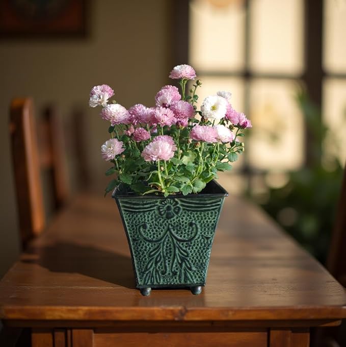 Hosley Set of 4 Green Patina Embossed Metal Planters with Ornate Floral Design, 5.25" L x 5.25" W x 5" H ?€? Ideal for Floral Arrangements, Home D??cor, Garden Accents, Rustic Weddings.